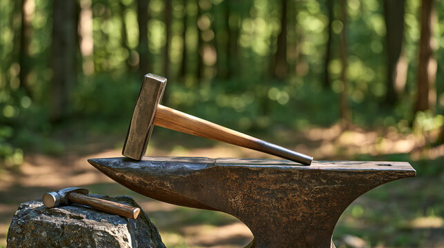 Metalworker's finished steel rod cooling on an anvil outdoors, single object detail against dappled forest edge, hammer resting beside it, grain of the forged metal catching