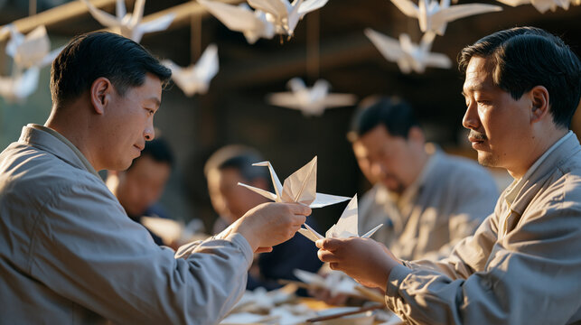 A group of ropemakers in a modest workshop fold white origami cranes from strands of rigging fiber, finished cranes hanging from ceiling beams, hope and healing concept for