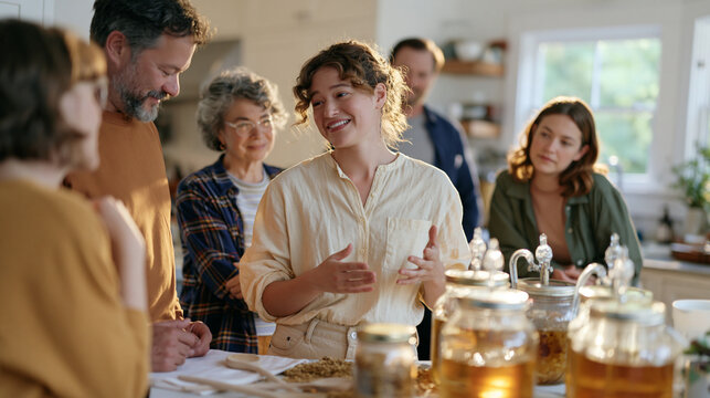 A multigenerational family gathered in a modest home kitchen watches a young homebrewer explain fermentation vessels clustered on the counter, bubbling airlocks and malt-dusted
