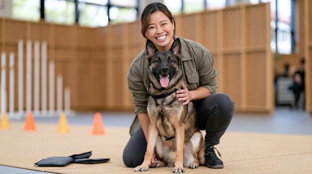 A dog trainer in warm indoor training room kneels beside a working breed dog that has just completed an obstacle course sequence, the aftermath of the session visible in scattered
