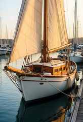 Fototapeta premium Luxury travel and leisure lifestyle, classic wooden sailboat moored at a marina during golden hour sunset for nautical vacation and maritime adventure