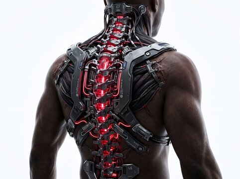 Futuristic cyborg man with glowing red mechanical spine implant on his back.