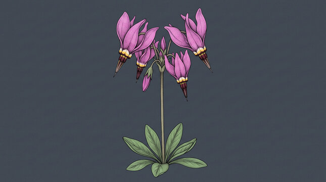 Vibrant purple shooting star wildflower illustration featuring intricate dotwork details on a solid dark grey background
