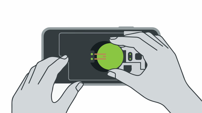 Top-down view of two hands carefully inserting a circular green battery module into a modern electronic device slot. Minimalist style with 4 colors: white, charcoal, lime green, and soft grey.