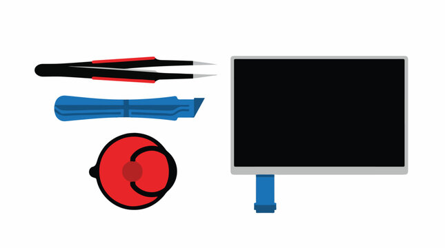 Flat lay arrangement of electronic repair tools including tweezers, prying tool, and suction cup next to a modular screen panel. High contrast and minimalist. 5 colors: white, black, red,