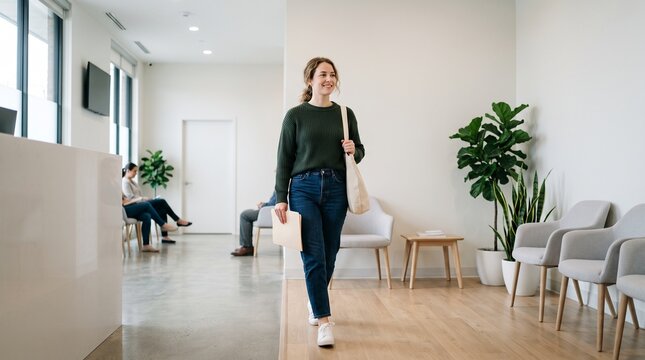 Young woman walking into a modern medical clinic waiting room for her appointment