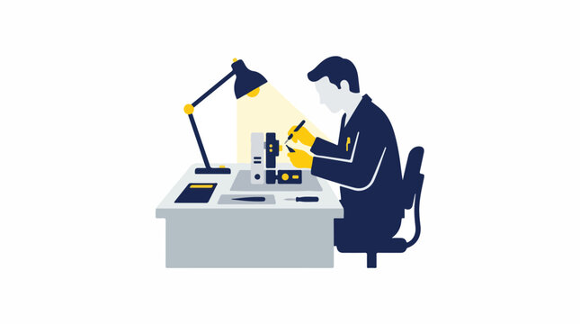 Minimalist silhouette of a technician at a clean workbench repairing a modular device under a bright desk lamp. Sharp edges and high contrast. 4 colors: white, yellow, navy, and light grey.