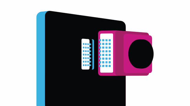 Close-up of a modular camera lens module being attached to the back of a sleek smartphone body. Focus on interface pins. 4 colors: white, sky blue, black, and magenta. Trace optimized,