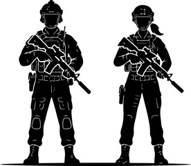 Male and female soldiers holding rifles vector illustration © Nasima