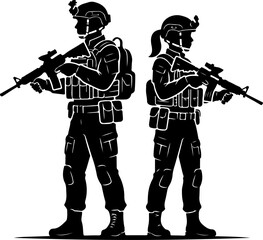Fototapeta premium Male and female soldiers holding rifles vector illustration