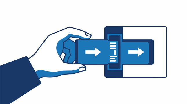 A minimalist diagram showing a hand sliding a module into a device with directional arrows, instruction style, blue and white colors, trace optimized, minimalist flat vector artwork, clipart