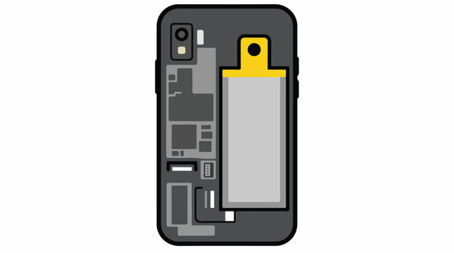 A smartphone with the back cover removed showing a modular battery with a pull-tab, minimalist flat design, yellow and gray color scheme, trace optimized, minimalist flat vector artwork, clipart