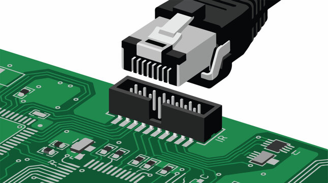 Macro view of a modular connector clicking onto a green circuit board, minimalist technical illustration, limited colors of green, silver, and white, trace optimized, minimalist flat vector