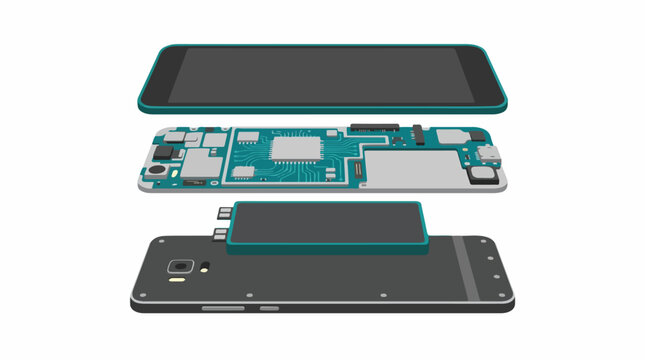 Top-down exploded view of a modular smartphone showing separated layers of screen, battery, and internal motherboard frame. Bright even lighting, technical and organized mood. Minimalist color