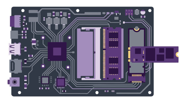 A modern laptop motherboard with clearly labeled modular slots for RAM and SSD, minimalist top view, purple and slate gray palette, trace optimized, minimalist flat vector artwork, clipart