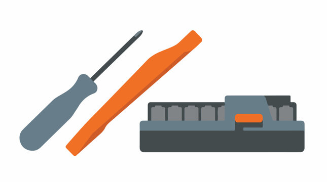 Neatly arranged toolkit on a white workbench featuring a precision screwdriver, a plastic spudger, and a modular battery pack. Organized and professional mood. Minimalist color palette of white,