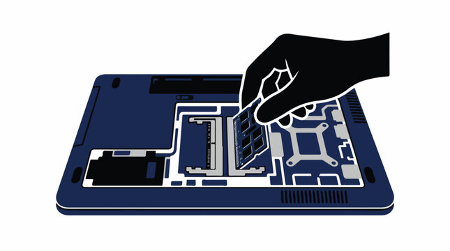 A flat vector illustration of an open laptop base with a hand inserting a modular RAM stick into a designated slot. Technical and empowering mood. Minimalist color palette of white, navy blue,