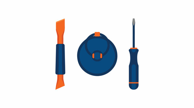 Precision repair tool set including a prying tool, suction cup, and screwdriver arranged neatly in a row, minimalist flat design, orange and dark blue accents, trace optimized, minimalist flat
