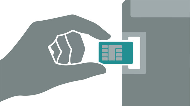 A hand holding a small microchip module about to be inserted into a device slot, minimalist tech concept, teal and grey palette, trace optimized, minimalist flat vector artwork, clipart style,