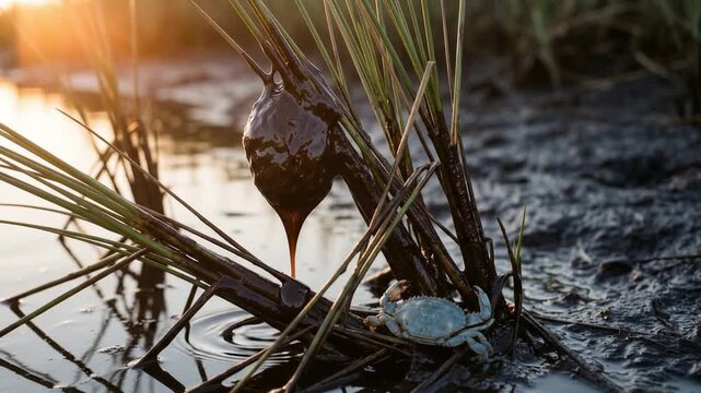 Oil sludge dripping onto green marsh grass stalks with thick brown globs, glossy residue, and dense upright blades