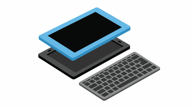 A modular tablet with a detachable keyboard and replaceable screen panel, minimalist isometric view, sky blue and charcoal, trace optimized, minimalist flat vector artwork, clipart style,
