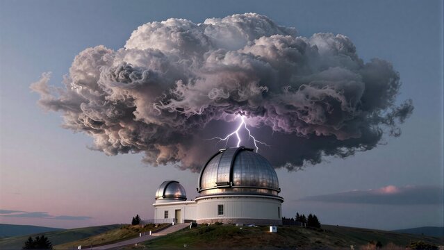Astronomy observatory under dramatic thunderclouds with striking lightning bolt.