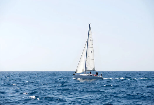Freedom and travel, sailboat cruising on open ocean water during summer vacation with people on deck enjoying leisure time and nautical adventure
