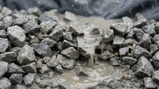 Crushed limestone aggregate letting water trickle between sharp cement-coated stones in a detailed close-up pile