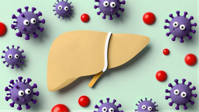Purple viruses surround a liver, symbolizing infection and health risks.