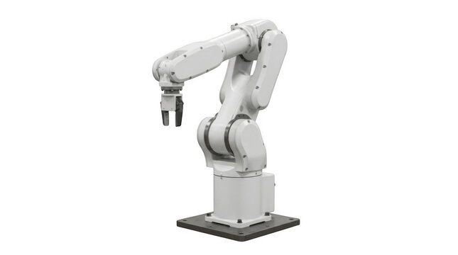 Industrial robotic arm for automated manufacturing and assembly lines in a factory setting isolated on transparent background