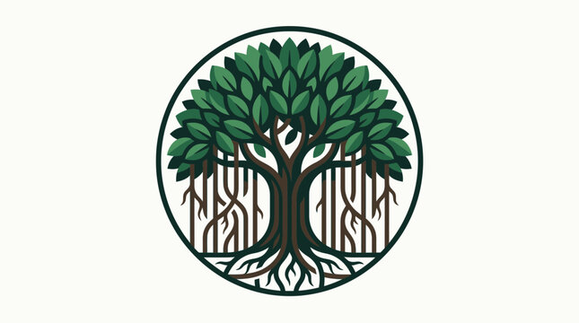 Banyan tree vector illustration featuring dense green foliage, aerial roots, and symmetrical circular design suitable for environmental branding, logos, or nature-themed graphic projects.