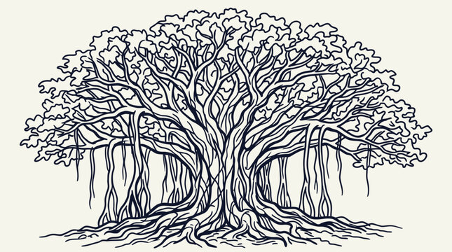 Intricate banyan tree vector illustration with detailed aerial roots and dense foliage in a minimalist hand-drawn line art style, ideal for nature and botanical themed projects.