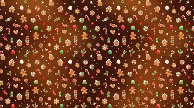 Gingerbread cookies and candy canes seamless pattern on dark brown winter texture.