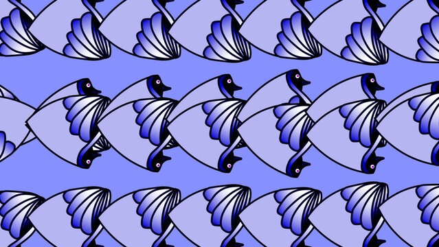 Geometric pattern of interconnected abstract DNA helix strands in gradient blue background