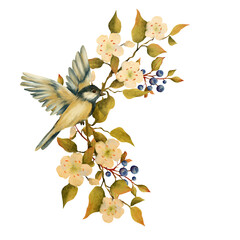 watercolor wreath featuring peach blossoms, a charming tit bird and blueberries, created in a soft autumn-inspired botanical style © Vitaliia