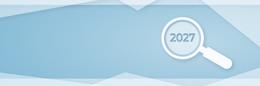 This header illustration features a magnifying glass focusing on the year 2027 against a clean blue background, perfect for future planning and foresight concepts.