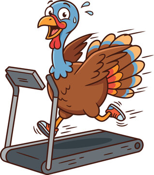 Cartoon turkey running on a treadmill