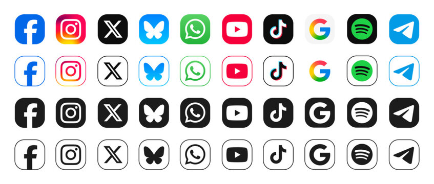 Social media network icon logo set. X, Facebook, TikTok, BlueSky and more popular web mobile app
