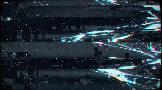 Digital screen glitch effect with rainbow noise and broken static stripes.