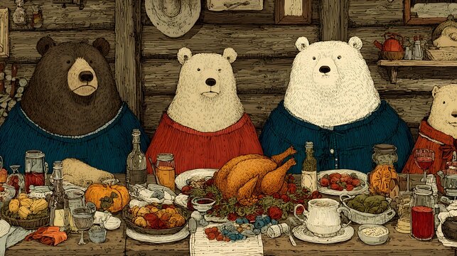 Retro vintage cartoon of a happy bear family enjoying Thanksgiving dinner around a rustic table, roasted turkey and harvest decorations, bold outlines, nostalgic colorful vector art
