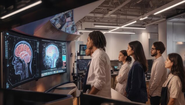 Medical team analyzing brain scans on a large monitor.