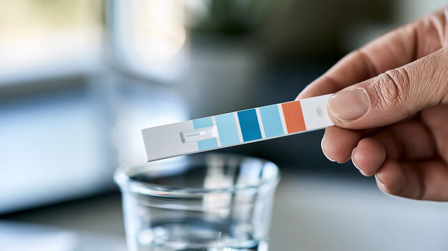 The water quality test strip fills a macro detail photograph from the side with edge-to-edge focus, its material texture and verification surface extending across the frame. A chec