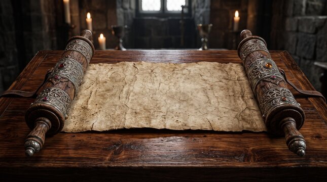 An ornate ancient parchment scroll with intricate silver carvings and gemstones lying open on a wooden table in a candlelit room