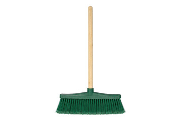 Green plastic broom with a light wooden handle stands upright, isolated on a clean white background, ready for sweeping © Chinases