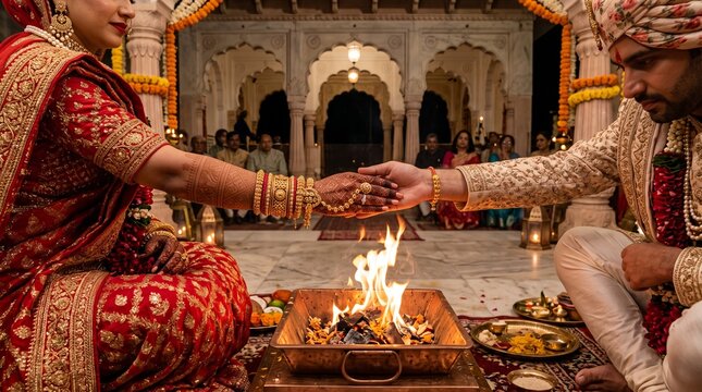 Traditional Indian bride and groom performing sacred fire rituals in ornate attire, ideal for cultural wedding and travel content.