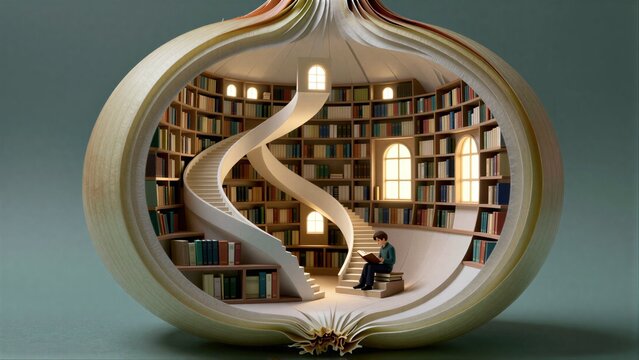 A cozy library nestled inside a giant onion, with a reader enjoying books.