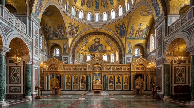 Ornate interior of a Byzantine Orthodox cathedral with golden mosaics and iconostasis for historical and religious travel editorial.