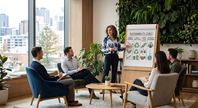 Businesswoman presenting sustainability goals to team in modern office lounge