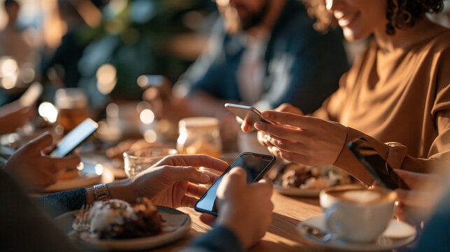 Faceless group of friends at a cafe table all looking down at their phones instead of each other, digital social culture, screen time, social media, youth technology, concept digit