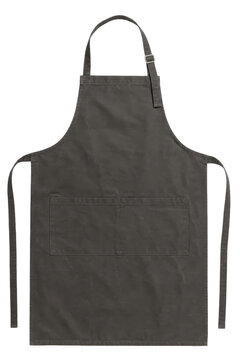 Dark gray canvas apron with adjustable neck strap and two front pockets, shot on a clean white background